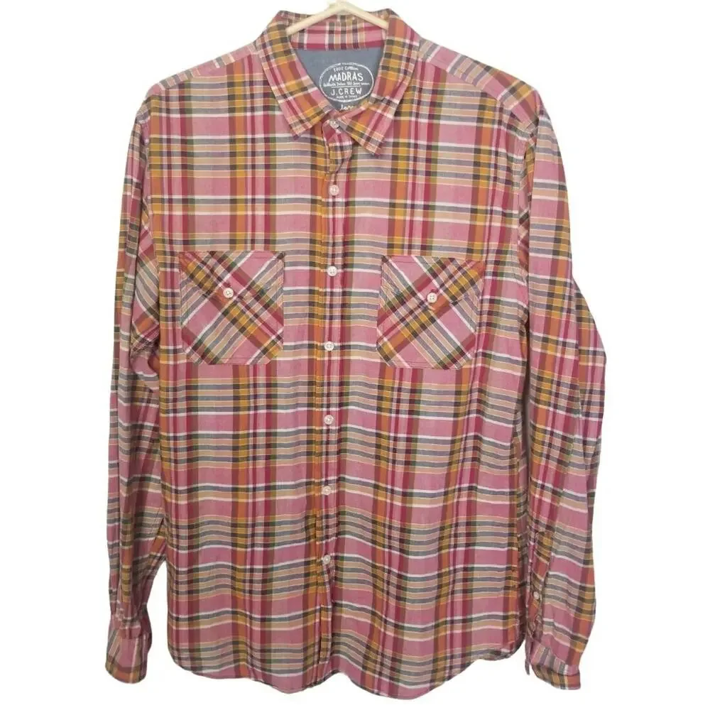 J. Crew Mens Madras Plaid Button Shirt Sz L Preppy Classic Weekend Vibes Casual